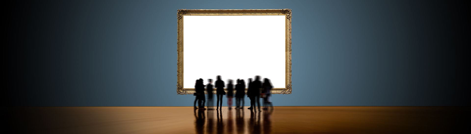 Large blank art canvas being viewed in a gallery setting by group of silhouetted people