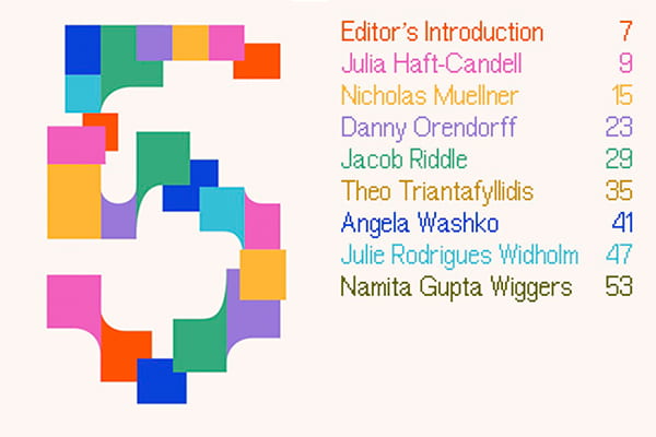Book cover with graphic number 5 made of colorful blocks, rectangles, and shapes.