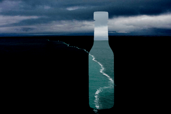 Dark stormy shoreline with clouds in the distance and a ghost-like bottle in the foreground.