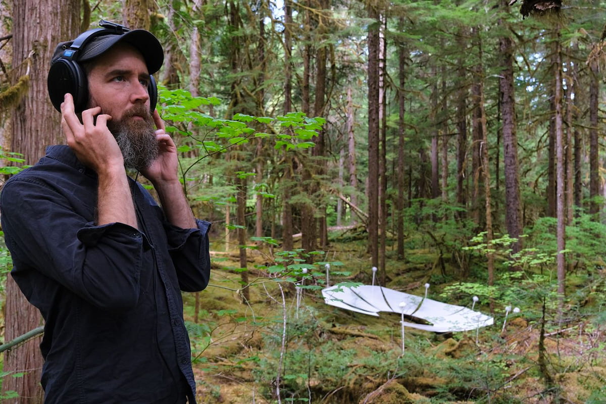 Artist, Brian House, listens in forest to a macrophone (an array like sculptural object in background).