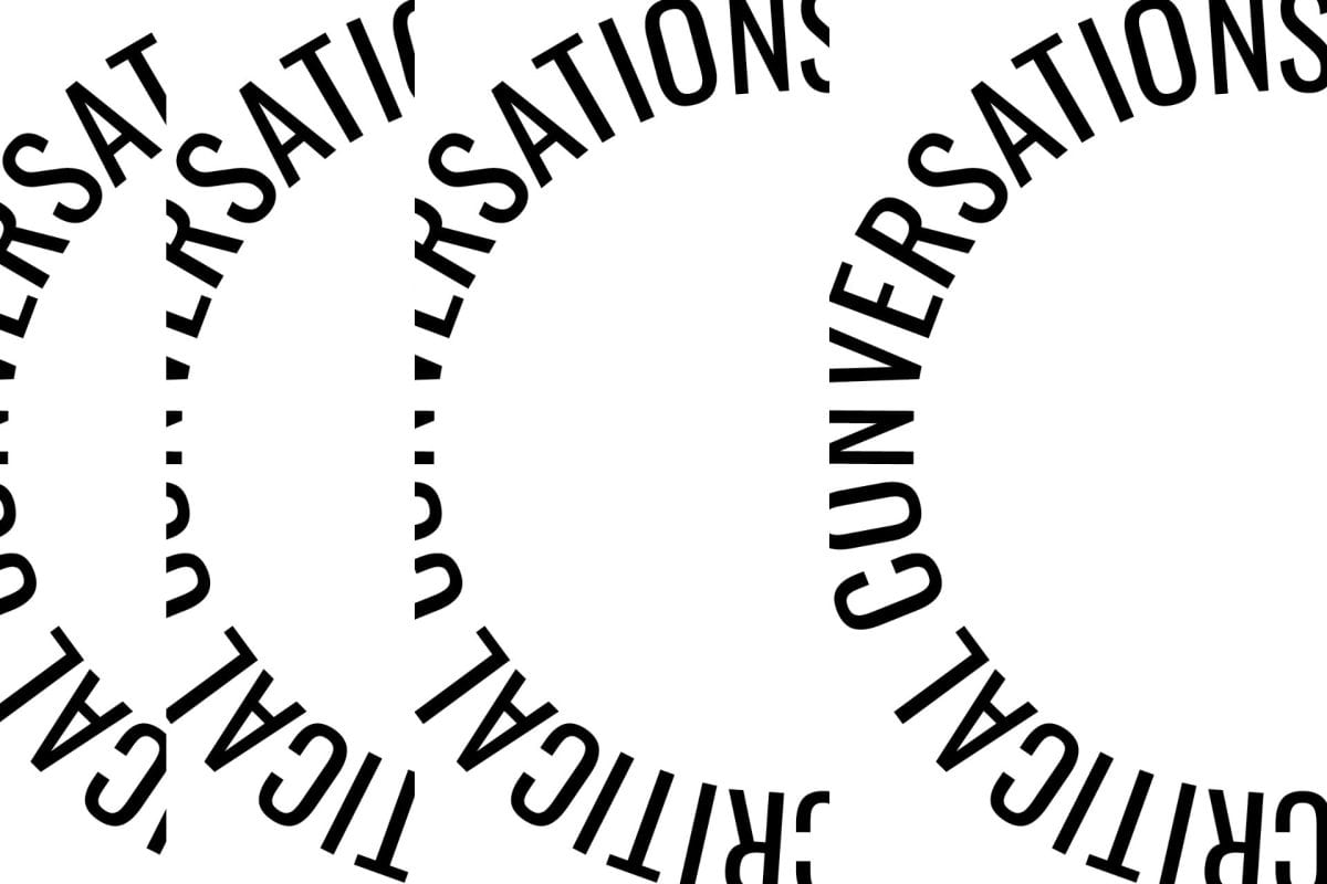 Black logo of arched text repeating across the page reading "Critical Conversations."